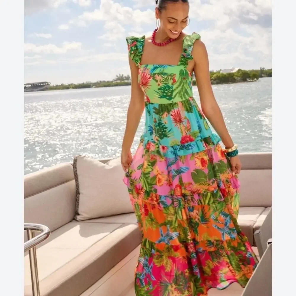 Avara Ivy Floral Tiered Maxi Dress Small Tropical Hawaiian Resort Smocked Back - Picture 1 of 13